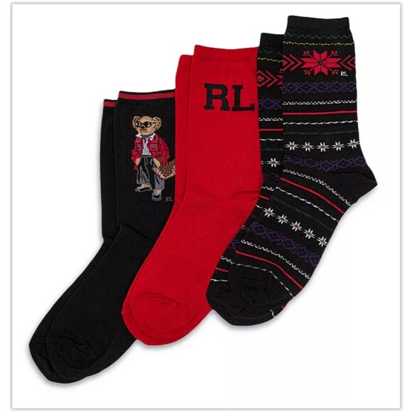 NIB Polo Ralph Lauren Womens 3 PAIRS Socks Black red RL POLO BEAR, logo Gift Box - Picture 1 of 3
